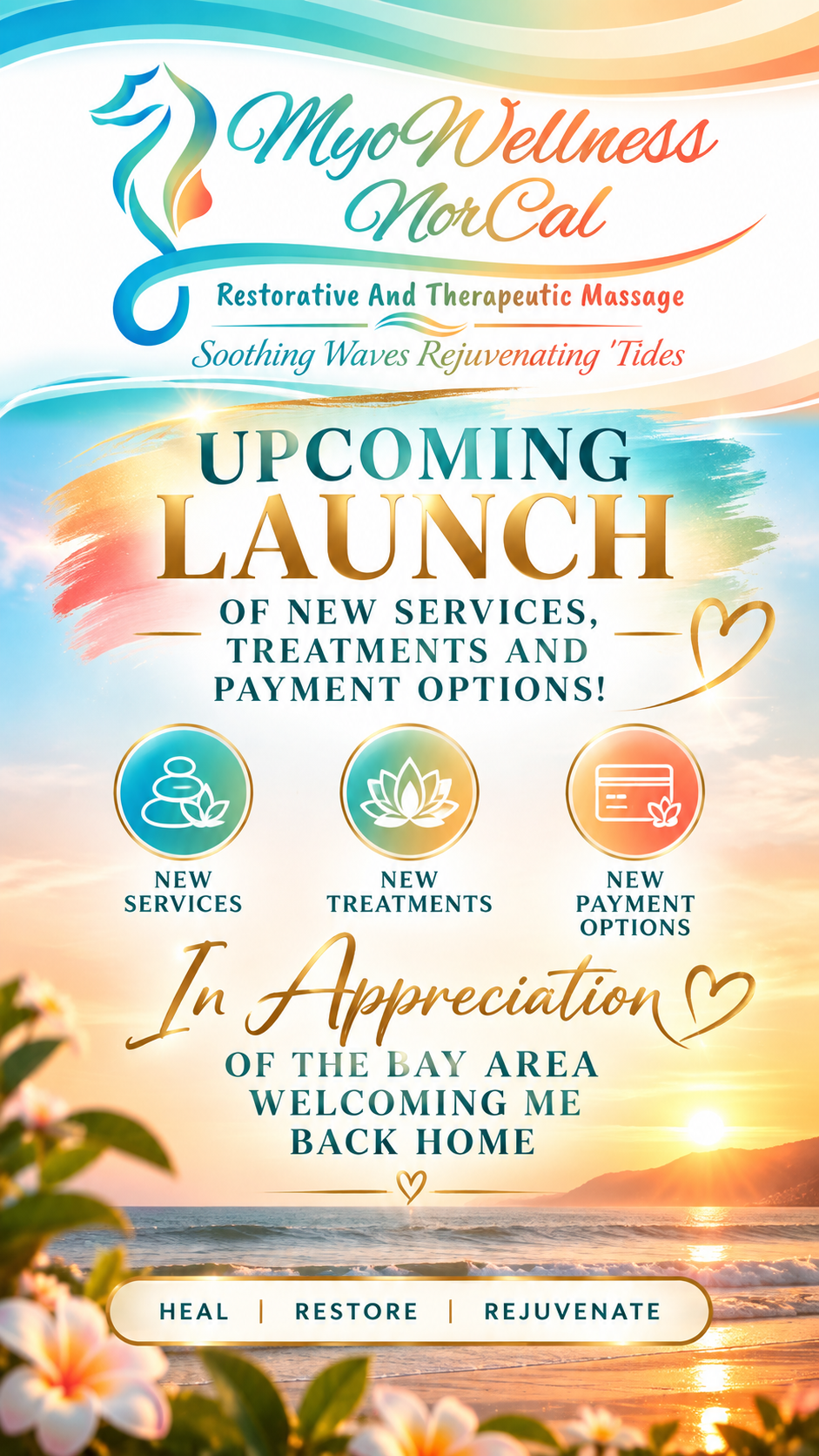 Upcoming launch of new services, treatments and payment options — in appreciation of the Bay Area welcoming me back home